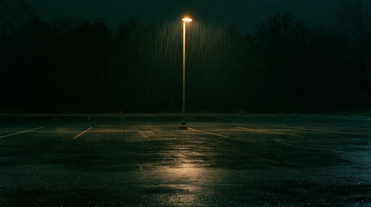 ลานจอดรถว่างเปล่ากลางคืนขณะฝนตก ภาพประกอบบทความฝันว่ารถหาย